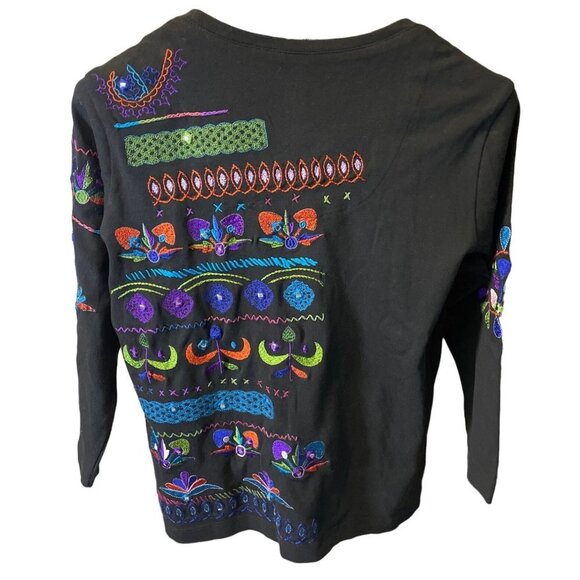Chico's Black Colorful Southwest Embroidery Long Sleeve Round Neck Top Sz L - Picture 2 of 10